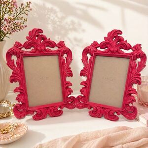 Hot Pink Ornate Baroque Photo Frames Set of 2 6.5x4.5 Resin Vanity Rococo Decor